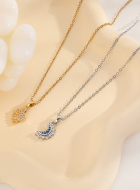 欧美复古设计感日月同辉叠戴镶钻项链情侣个性太阳月亮吊坠锁骨