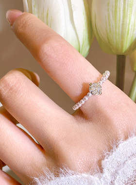 银色单颗锆石珍珠戒指女款轻奢感食指戒小众设计2025新款爆款