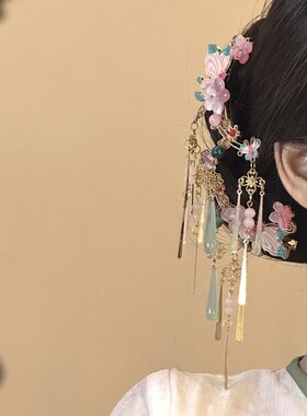 新中式国风蝴蝶侧边夹发饰桃香浅漾绝美温柔粉色花朵流苏发夹
