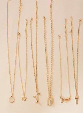 极速518d93欧美跨境多层项链 创意简约锁玫瑰吊坠项链套装6条装