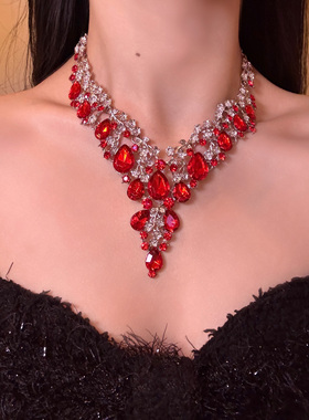 红色满钻锆石水滴项链耳环套装