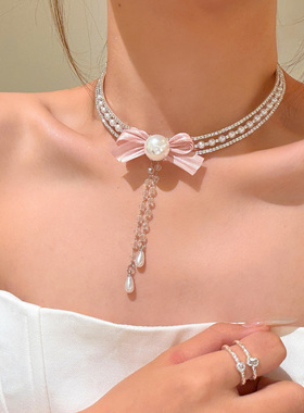 千金淑猫蝴蝶结锆石流苏项链