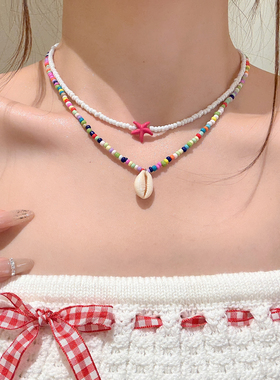 蓝调时光海星贝壳蓝色串珠项链