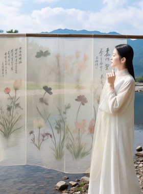 新中式窗帘装饰屏风软隔断遮光半透明纱画古风竹子圆月玄关帘背景