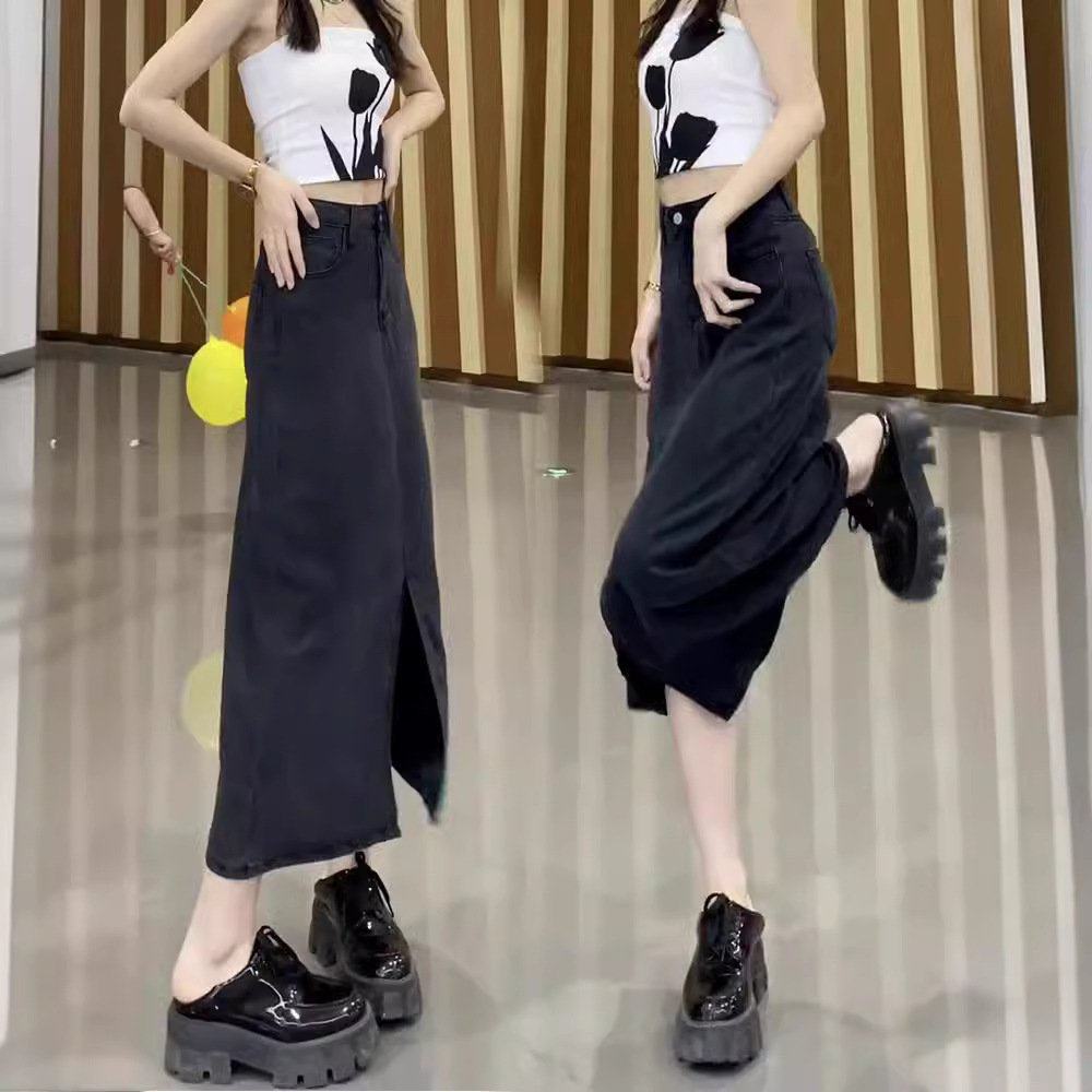 黑色开叉天丝牛仔半身裙女夏季薄款小个子高腰显瘦包臀a字中长裙,淘宝优惠券,粉丝福利购,淘宝优惠卷