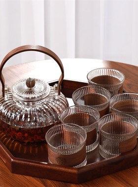 中式胡桃木玻璃茶具套装泡茶壶养生茶器复古客厅家用茶壶茶杯水杯