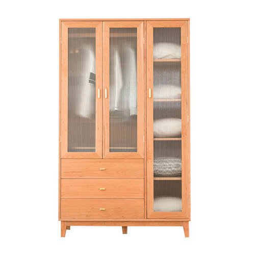 北欧全实木衣柜家用樱桃木玻璃推拉门置物收纳柜原木卧室落地衣橱 - 图1