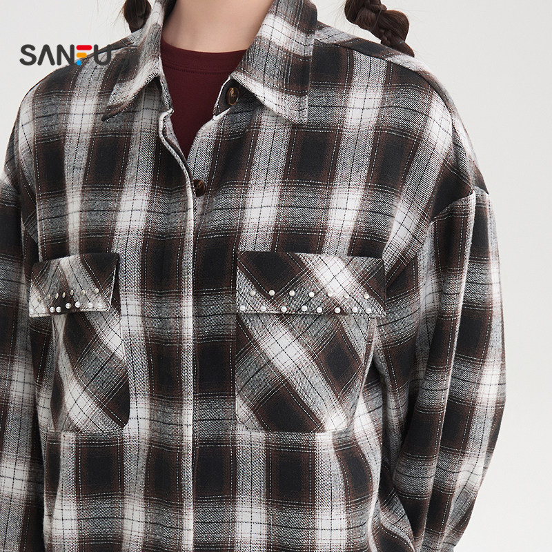 三福长衬衫2026春季烫钻口袋宽松中长款翻领上衣女装517498,淘宝优惠券,粉丝福利购,淘宝优惠卷