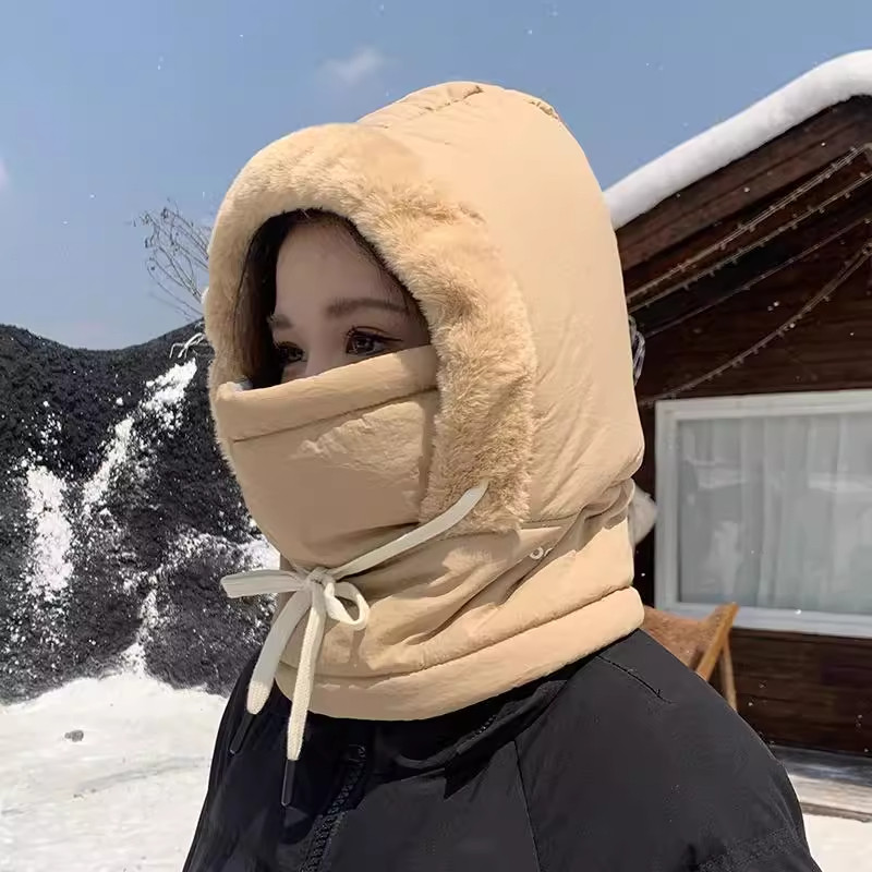 冬季骑车保暖帽子女护耳加绒加厚防寒面罩围脖一体帽防风骑行帽