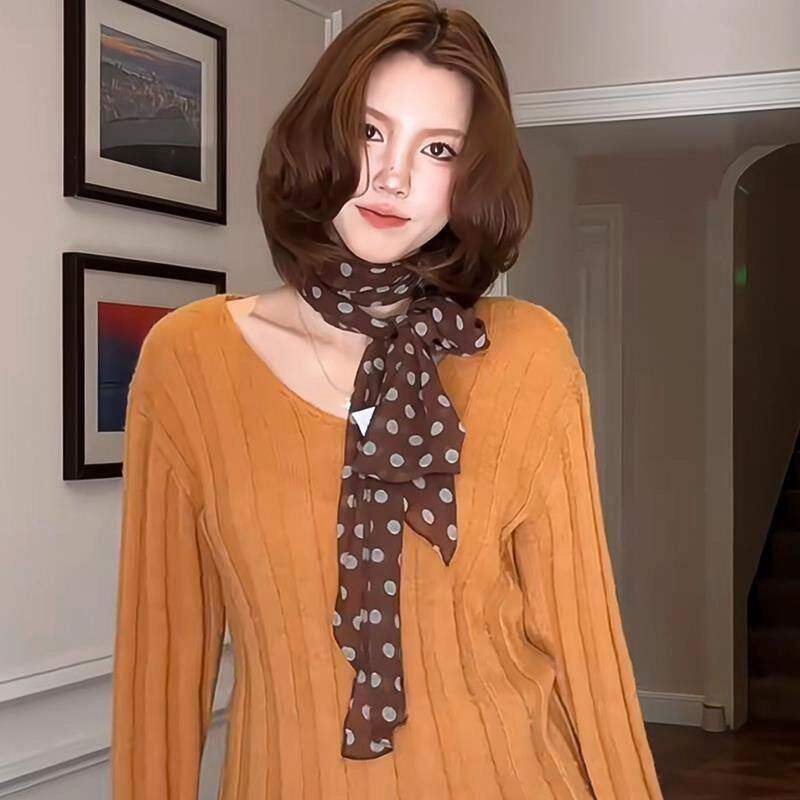 棕色波点丝巾印花高级百搭配饰系脖女2026年新款发带绑发长条围巾