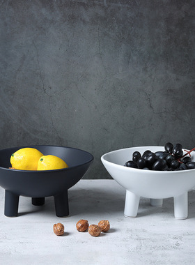 2025新款北欧极简黑白陶瓷三脚果盘托盘家居装饰现代样板间