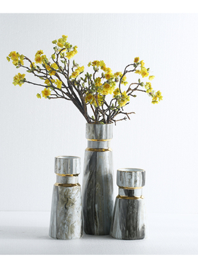 灰色大理石纹陶瓷花瓶手工贴y纸直筒花器样板间现代简约软装饰品