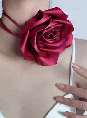 盛开的缎面玫瑰系带颈部项链腰链胸花塑身腰带身体链造型感配饰女