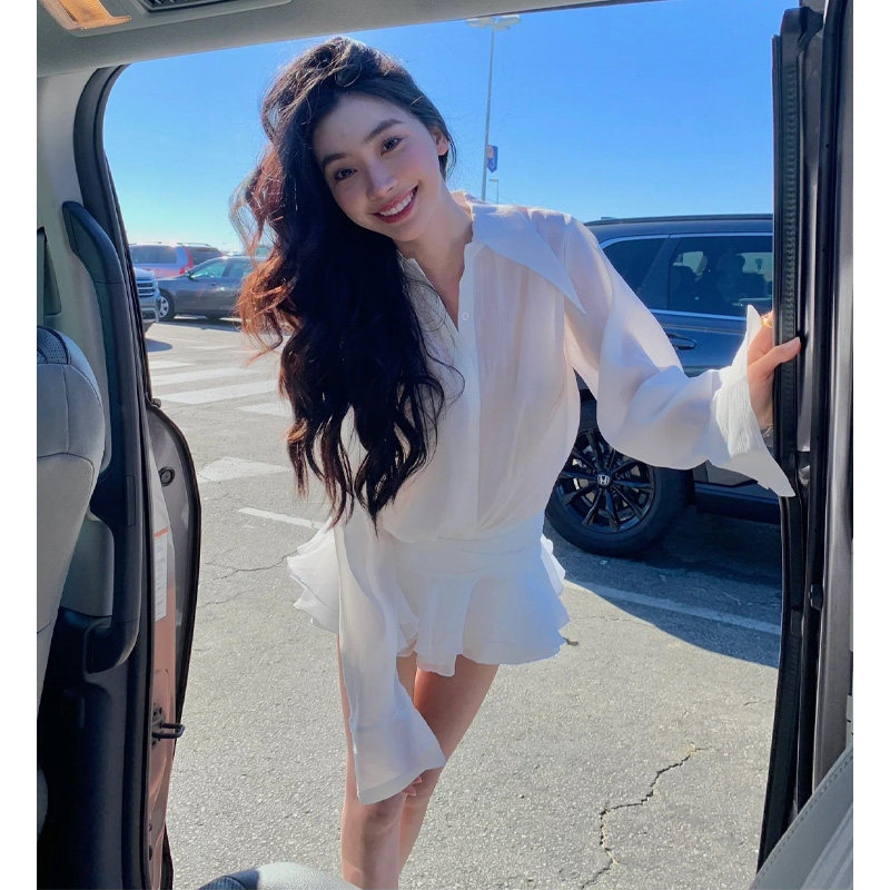 易梦玲同款白色法式荷叶边衬衫连衣裙女高级感防晒长袖气质短裙子