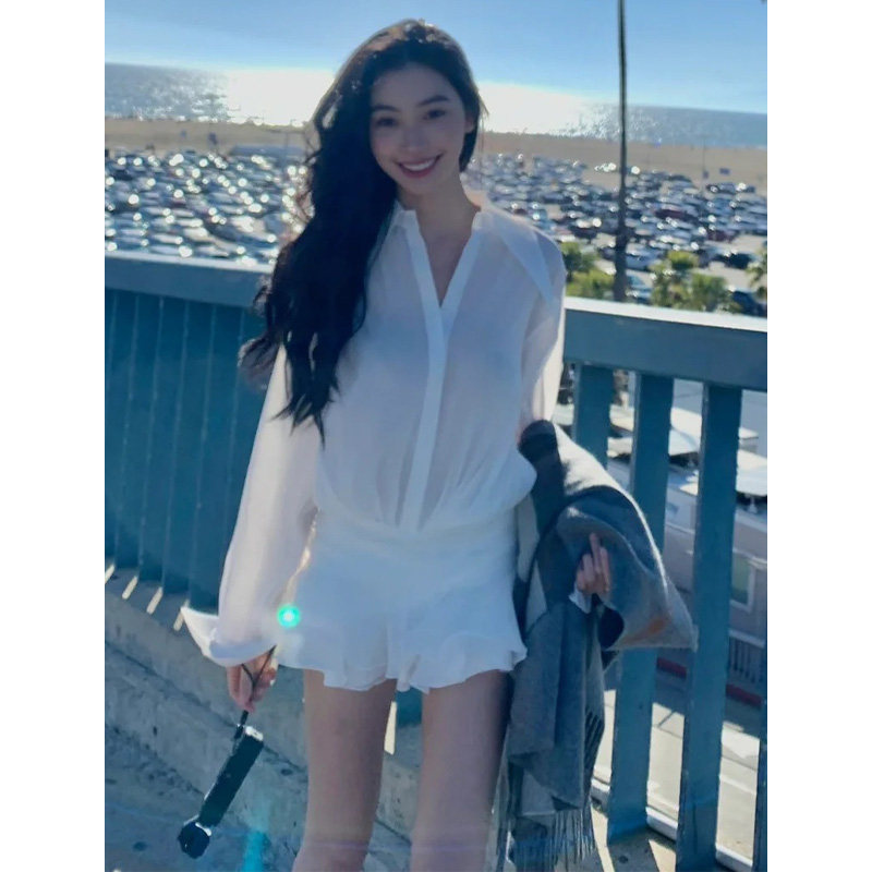 易梦玲同款白色法式荷叶边衬衫连衣裙女高级感防晒长袖气质短裙子