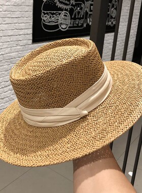 平顶小礼帽草帽沙滩帽女夏天海边遮阳帽大帽檐草编帽复古法式帽子