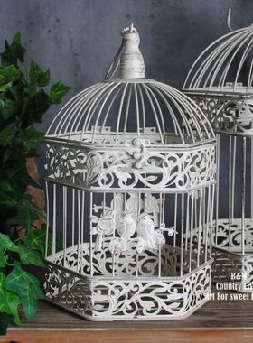 百亩家外贸法式乡村做旧铁艺套装鸟笼花器花园装饰品杂货吊饰摆件