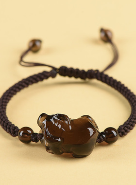 天然茶晶黑水晶十二生肖立体雕刻鼠牛虎兔龙蛇马羊猴鸡狗猪手链
