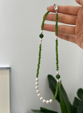 新中式绿琉璃白珍珠锁骨链女古风气质国潮风复古串珠配饰项链春夏