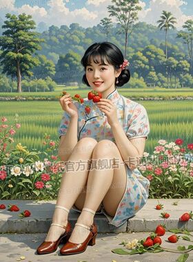 复古乡村吃西瓜美妇自粘墙贴