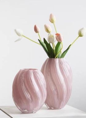 2025新款北欧粉色玻璃艺术花瓶家居装饰高级插花摆件水培美学粉色
