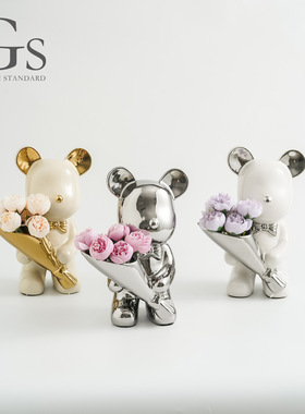 定制陶瓷暴力熊摆件客厅仿真花束熊潮玩工艺品家居装饰品轻奢摆件