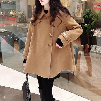 Horn button double-sided cashmere coat for women 2023 new autumn and winter Korean style loose cloak small woolen coat