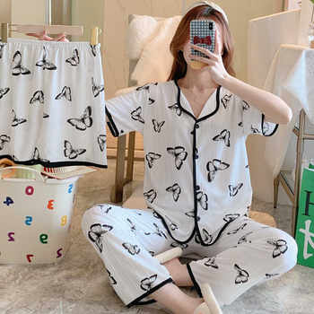 Maruko Exclusive-Summer Sweet Cartoon Ice Silk Pajamas Three-piece Set Women's Home Clothing W206