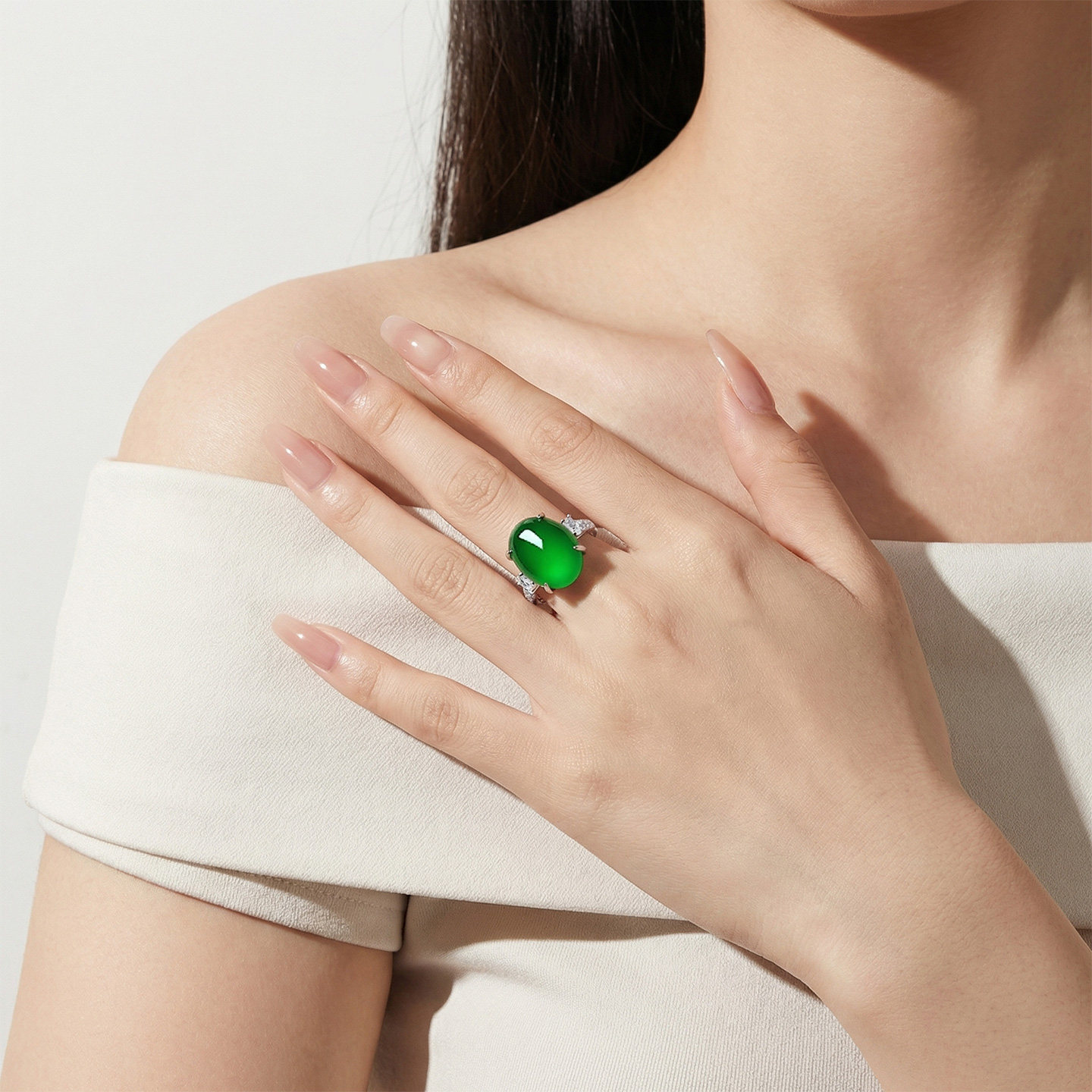 AILEQ925 silver inlaid chalcedony full green streamer ring