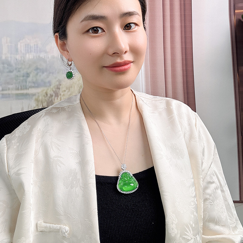 AILEQ大佛公绿A货玉髓玛瑙笑面弥勒佛媲美翡翠女玉石吊坠项链k30