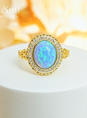 新款925银蓝欧泊澳宝椭圆复古时尚戒指镶嵌高碳钻气质百搭轻奢女