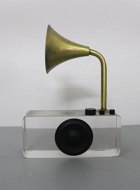 简约现代复古水晶金属留声机样板间家居客厅书房创意桌面装饰摆件