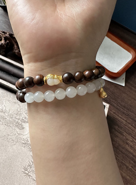 原创设计天然和田玉白玉8mm手链设计款沉香S925银新中式手串