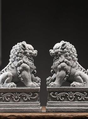 创意福瑞石狮子一对青砂石摆件茶宠盆景鱼缸造景桌面门厅阳台装饰