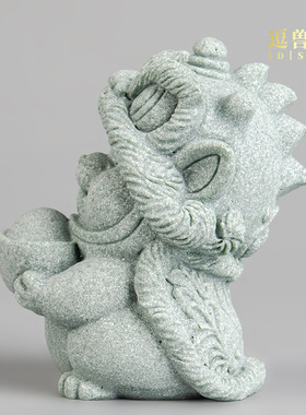 摆件国潮创意瑞兽东方青新造景中式假山醒狮居家茶宠鱼缸砂石桌面