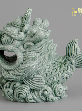 成龙创意装饰品尺砂石镇纸笔架摆件青鱼跃文房四宝笔托搁