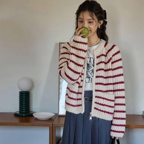 慵懒风毛衣入秋外套软糯外套女条纹复古毛衣秋冬拉链针织开衫外套 - 图2