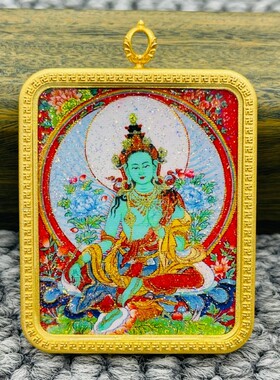 正品洒金纯手绘绿度母唐卡佛牌护身符吊坠牌铜镀金噶乌盒