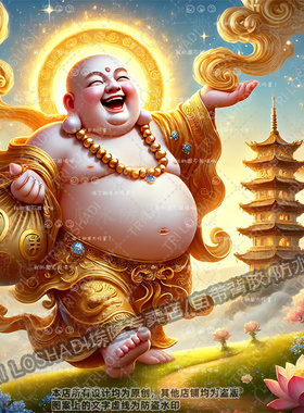 福禄祥和弥勒佛金光灿灿墙贴