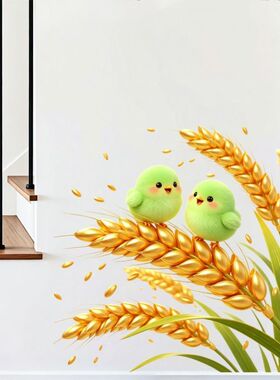 治愈可爱绿色小鸟麦穗贴纸客厅门