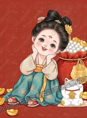 可爱发财古风小美女贴纸电动车汽车防水贴画车尾装饰墙面门窗招财