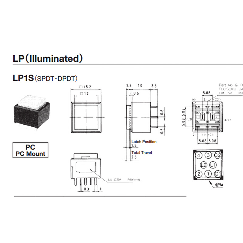 日本原装FUJISOKU LP1S-16S 15*15方形复位按钮轻触开关 黄灯 5脚 - 图1