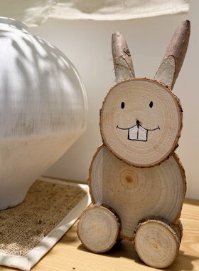 森系卡通手工DIY香樟圆木片小兔子桌面摆件R家居店铺幼儿园装饰