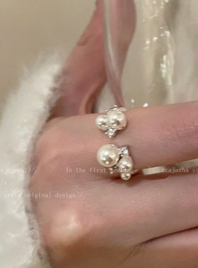 珍珠锆石开口戒指女款轻奢高级感食指戒小众设计个性夸张装饰指环