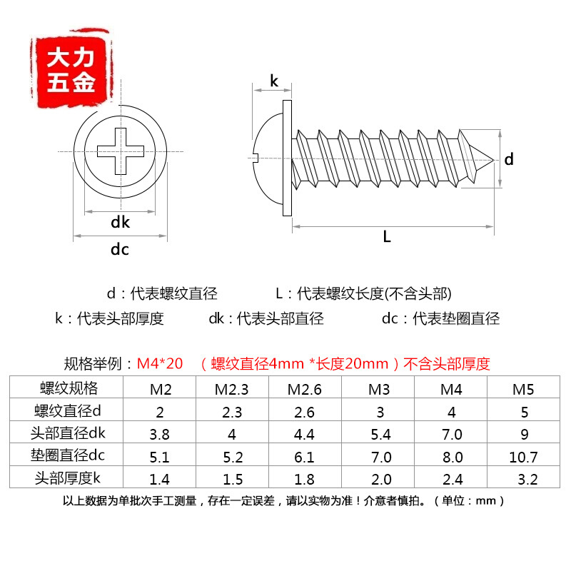 PWA镀镍圆头带垫片自攻螺丝钉盘头带介M2.6M3M3.5M4*3x4x5x6x8x10 - 图2