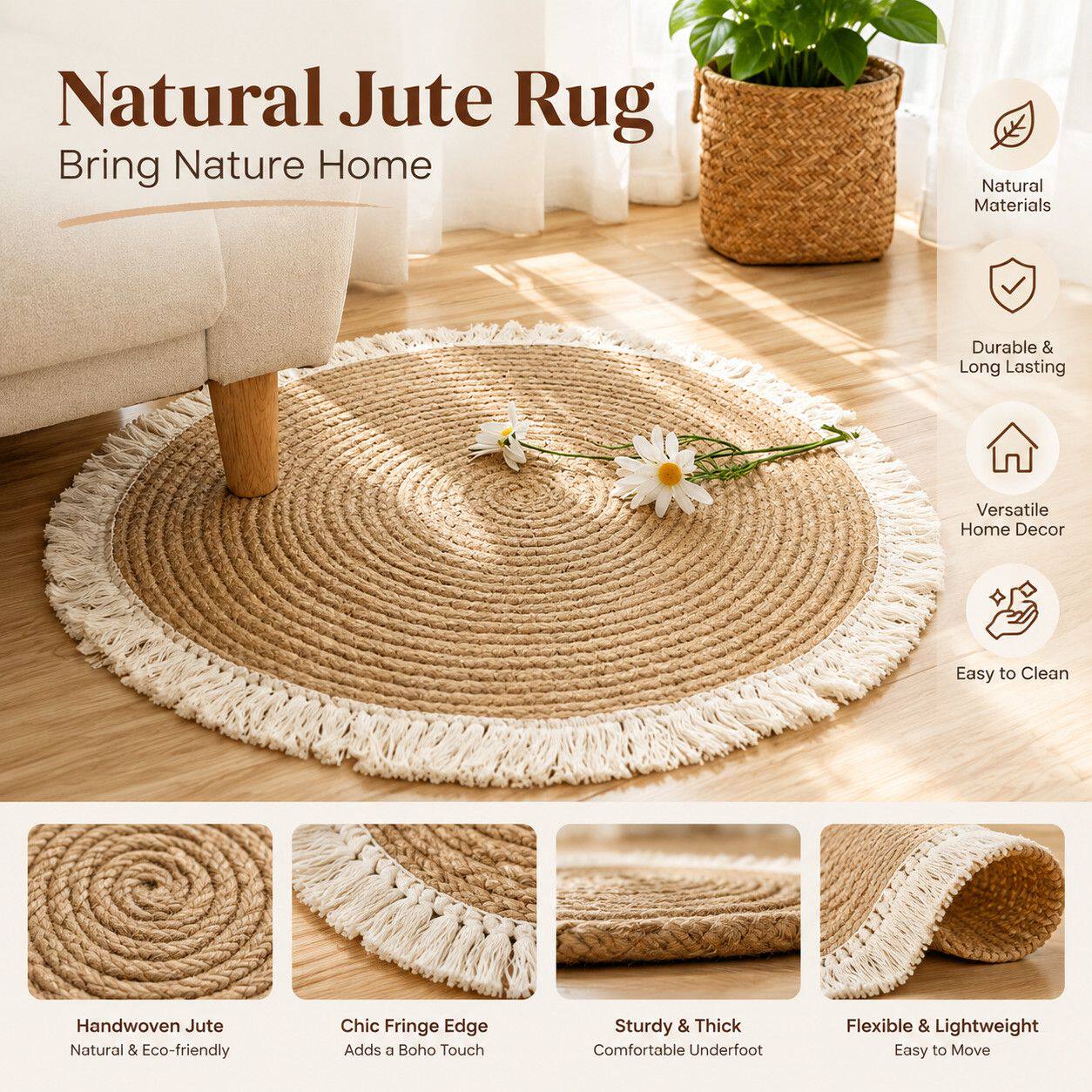 Nordic study floor-to-ceiling window round carpet cotton and linen woven tassel rope floor mat B&B tea table tea seat decorative cushion
