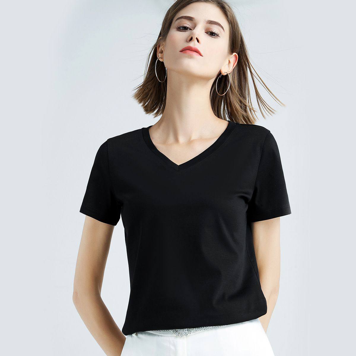 亲肤80支凉感双丝光棉修身纯色简约t恤女1688显瘦短袖 白色T V领T,淘宝优惠券,粉丝福利购,淘宝优惠卷