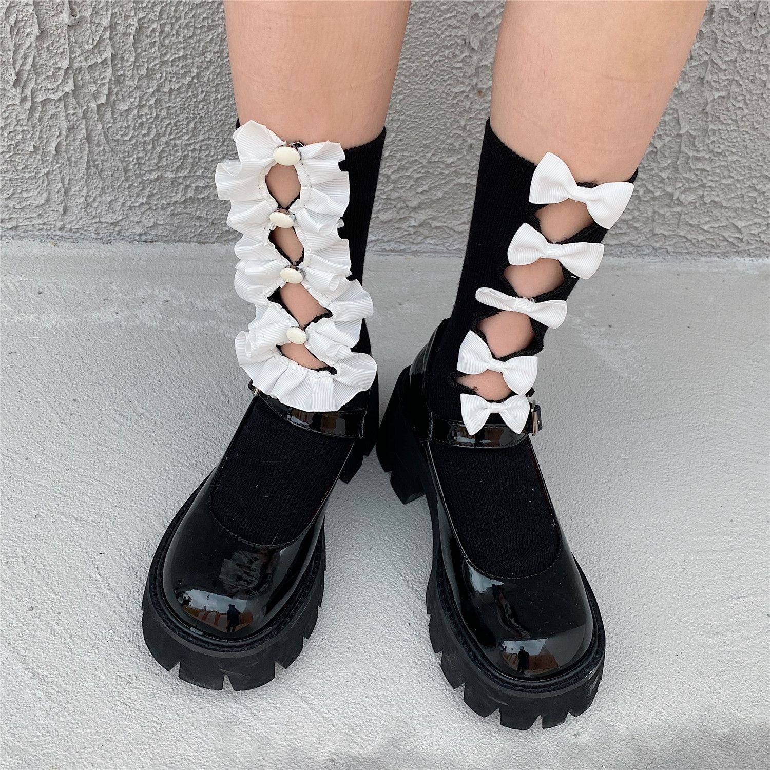 PATTKIN 设计师小众手工日系蝴蝶结镂空不对称花边中筒棉女袜,淘宝优惠券,粉丝福利购,淘宝优惠卷