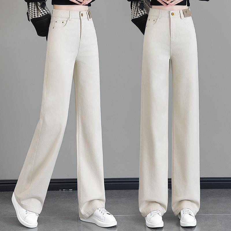 高档白色阔腿牛仔裤女春秋季新款高腰垂感显瘦垂顺纯棉柔软直筒裤 - 图0