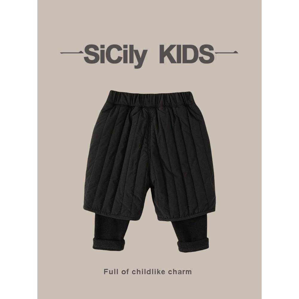 SiCily Kids-男女宝裤子秋冬新款加绒假两件休闲百搭宽松黑色棉裤,淘宝优惠券,粉丝福利购,淘宝优惠卷